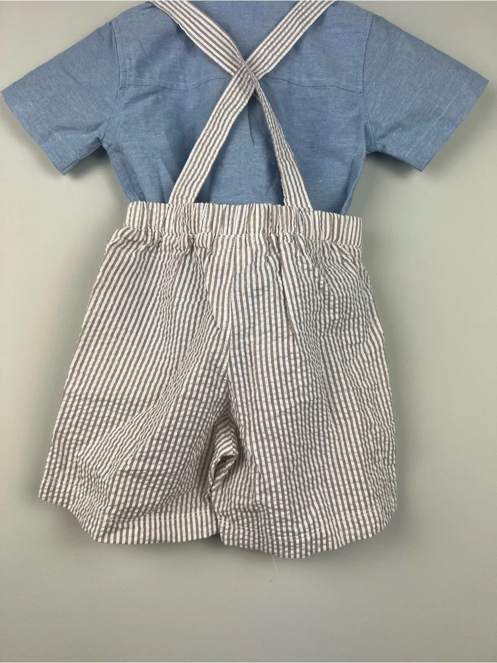 Mudpie Blue Chambray Shirt & Striped Suspender Shorts Set with Aqua Tie